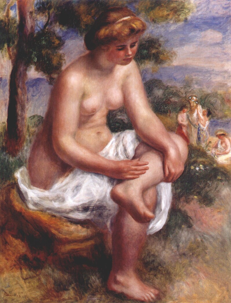 Nude Woman Seated bather in a landscape - Pierre-Auguste Renoir painting on canvas